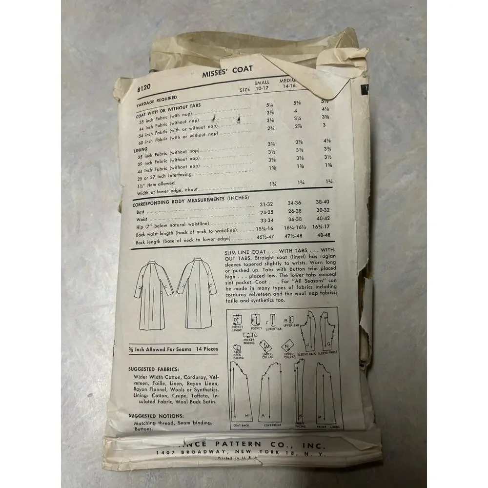 Vintage 1950's Advance Pattern #8120 Misses Coat Size Medium‎ Bust 34-36 HTF
